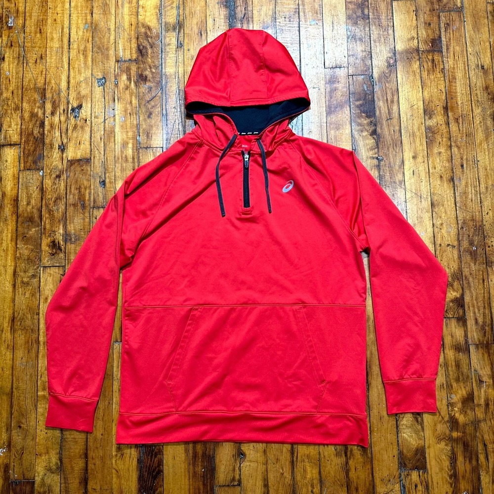 Asics Hoodie Mens Large Red Long Sleeve Kangaroo Pocket 1/4 Zip Pullover Outdoor